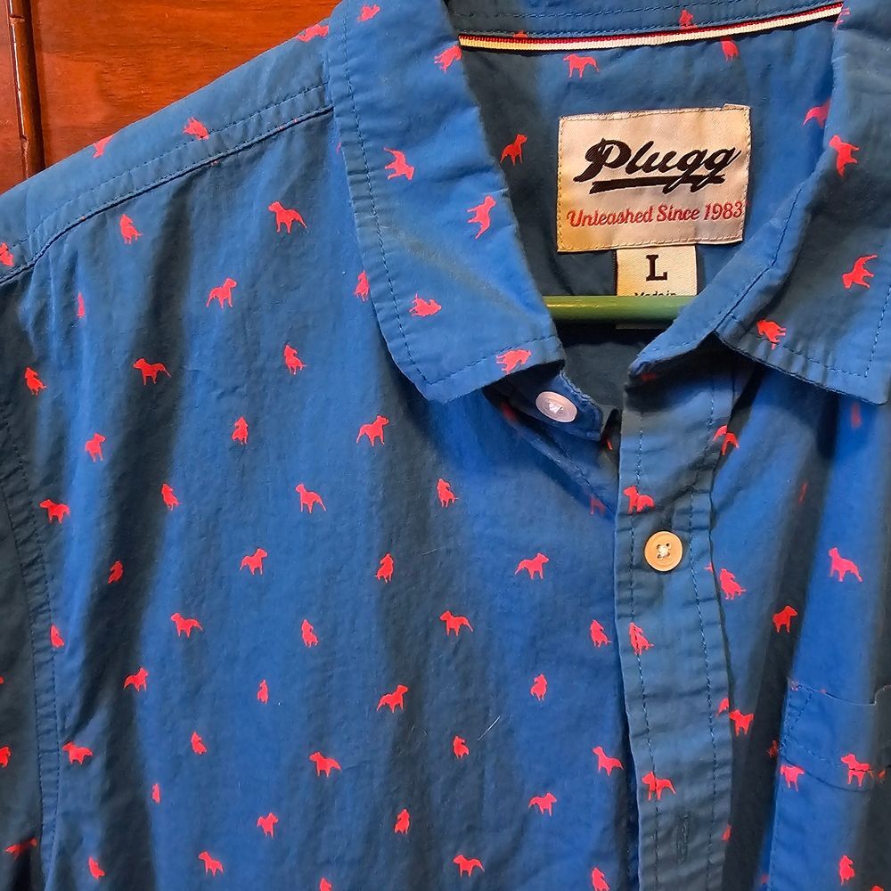 Plugg Men's Casual Blue Shirt with Red Patterns